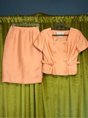 Vintage Christian Dior Silk Cotton Blend Peachy Orange jacket and Skirt set 2P